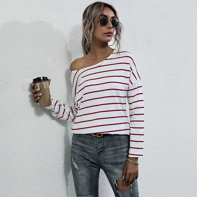 2022 Spring New Fashion Stripe Loose T-shirt O-neck Cotton Long Sleeve White Tees Tops Women Clothes Pullover Casual Top 18742