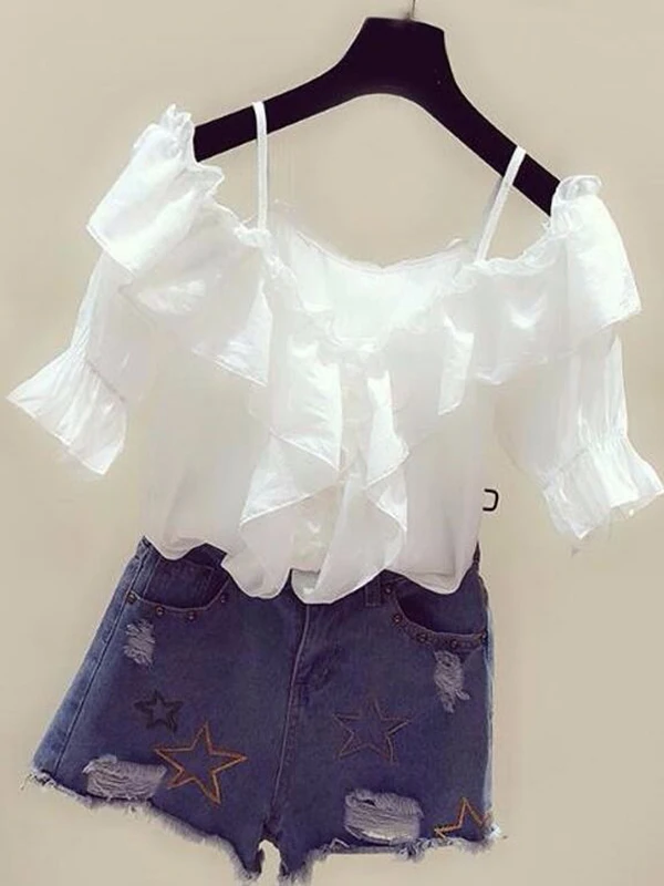 

Off-oulder Chiffon Blouse Korean Faion Street Sle Slim Fit Long Sve Breathable Women's irt Faionable Top