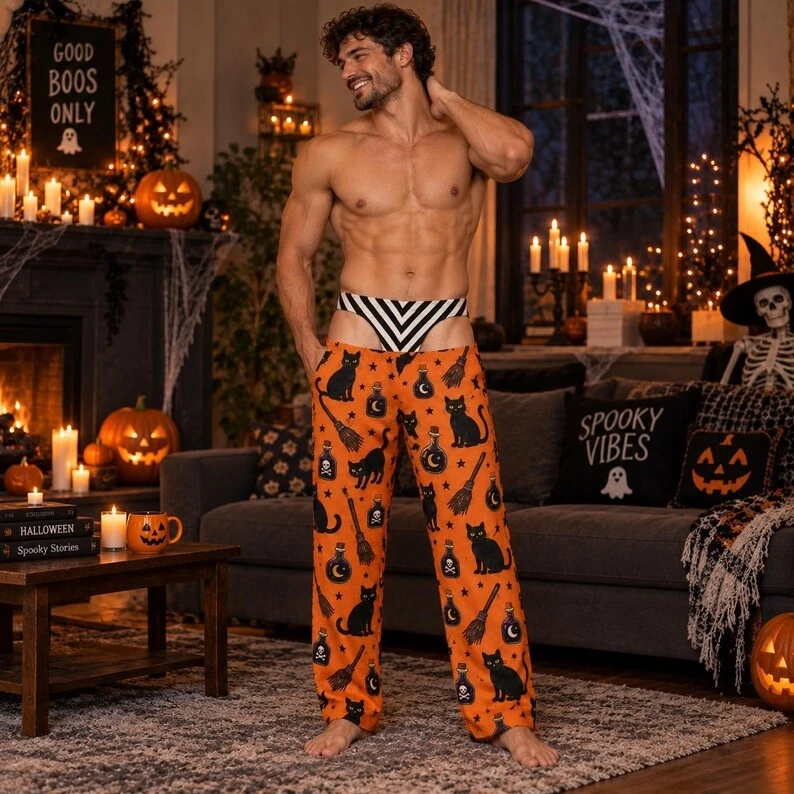 Funny Men Halloween Pajama Pants Ghost Spider Web Black Cat Pumpkin Broom Print Fake Thong Cutout Loose Trousers Halloween