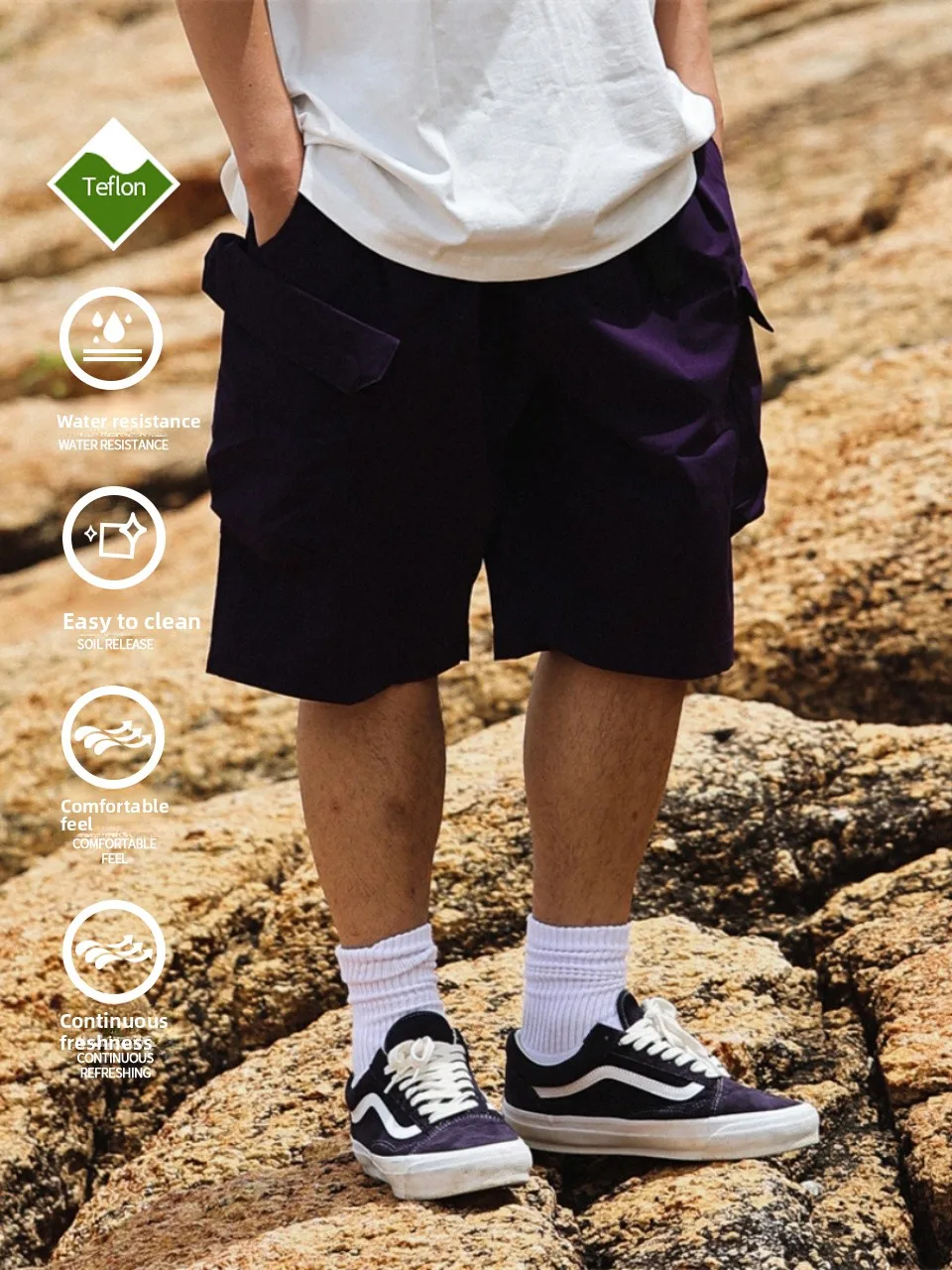 DuPont Three-Proof Outdoor Functional Shorts with Pockets CityBoy Style Loose Fit Misty Blue Japanese Style Belt Youth Summer...