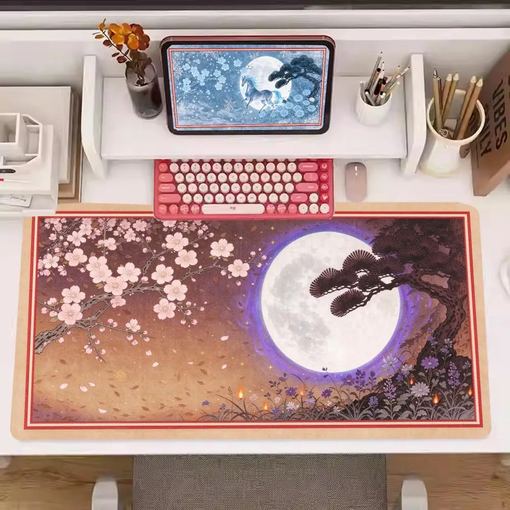 Cherry Blossom Moon Night Play Mat Desk Mat Smooth Cloth Surface Large Size For Bedroom Home Decor