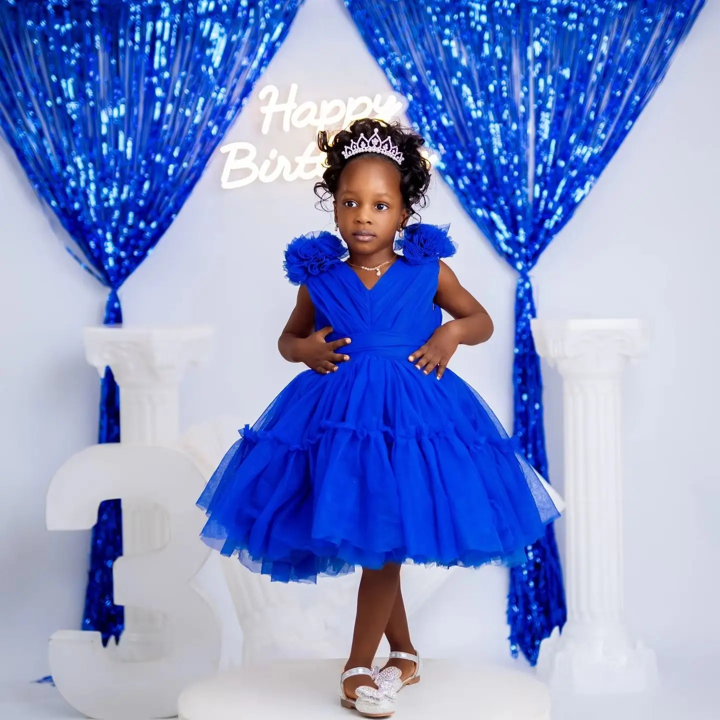 Royal Blue Girls Birthday Party Dresses Princess Knee Length Tulle Flower Girl Dresses Kids Customized Gowns