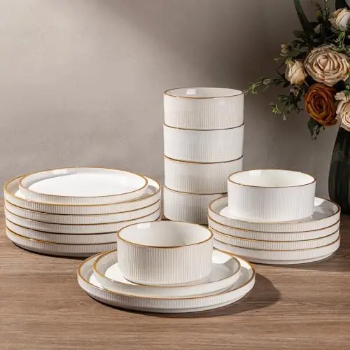 

GBHOME 18-Pc Stoneware Dinnerware Set for 6 – Ribbed Ceramic, Microwave & Dishwasher Safe, White + Honey Edge