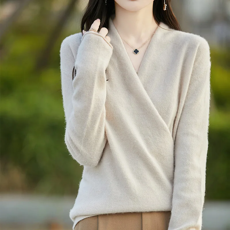 Hot Sale 100% Pure Wool Knitted Sweater Women V-neck Long Sleeve Standard Cashmere Knitwear Winter New Fashion Female Jumpers