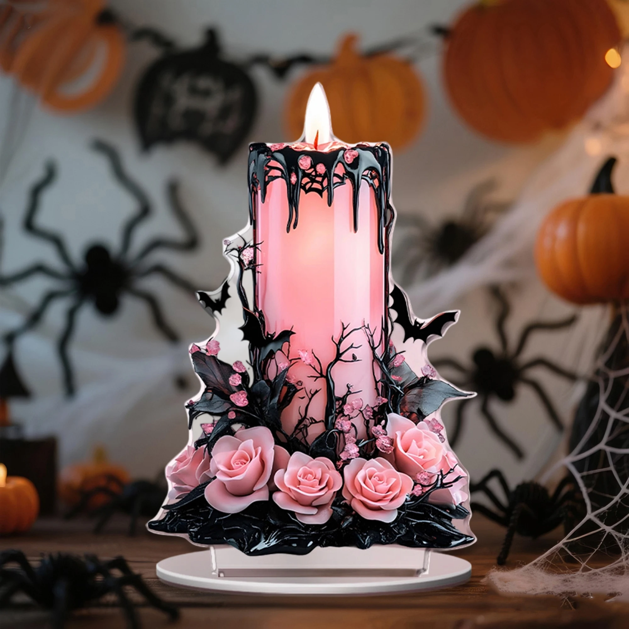 

Spooky Halloween Acrylic Table Decor Set with 2D Flat Candle Moon Witch Eyeball and Fallen Angel Figurines for Home Décor