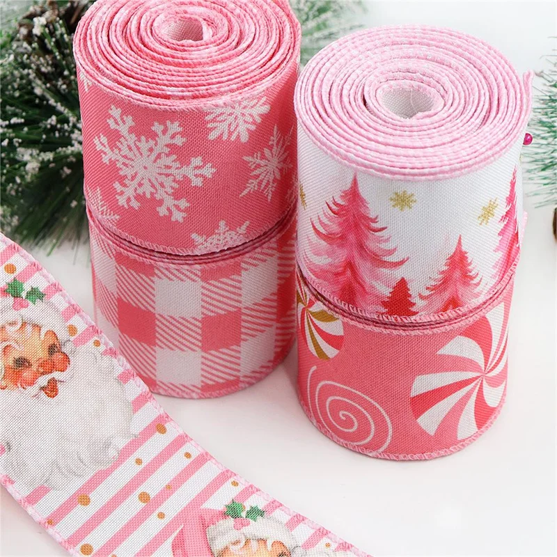 Wired Christmas Ribbon Pink Plaid Grosgrain Ribbons for Wedding Cake Packaging Birthday Gift Wrapping Bowknot Christmas Decor