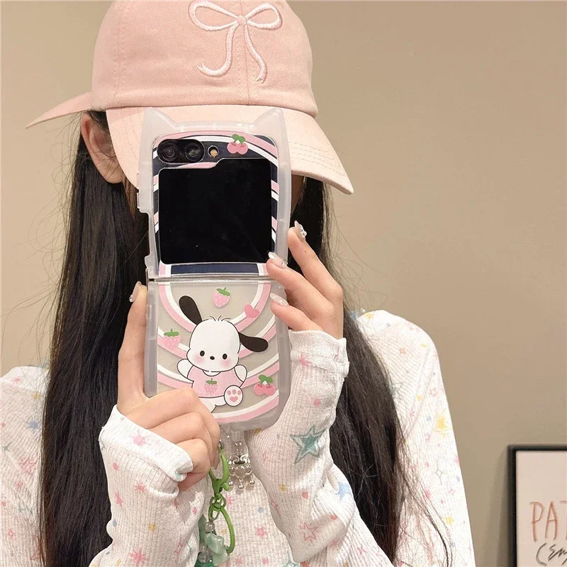 Funda de teléfono Sanrio Pochacco con dibujos animados 3D para Samsung Galaxy Z Flip 6 5, funda transparente de TPU suave para Z Flip 3 4 con cordón