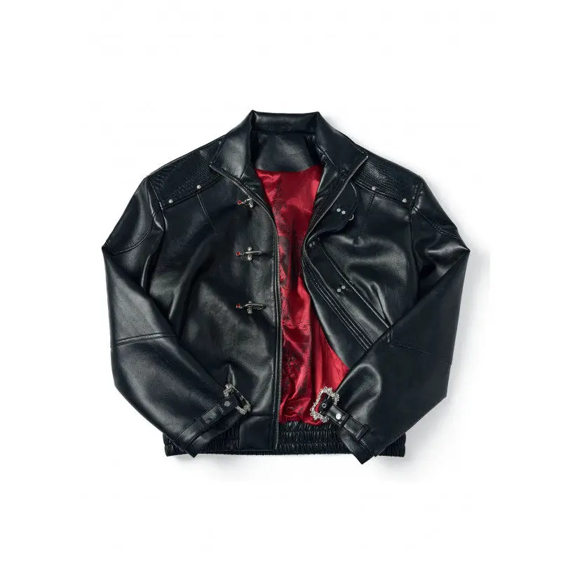  Brand Spring Summer New Style Jacket Red Leather Jacket Personality Baseball Coat Outerwear Long Sleeve Flip Collar