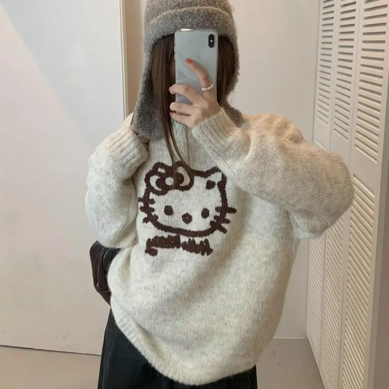 ホット秋冬新女性ファッションカジュアルセーターファッション漫画ハローキティジャカードラウンドネックルーズ多用途ニットセーター