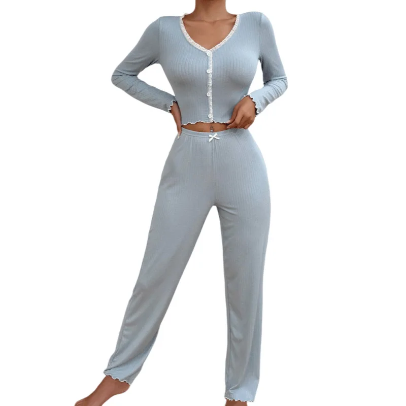Pajamas Suit Women 2 Piece Sets Sleepwear Trousers Ensemble Top Pants Single Breasted Bow Autumn Nightwear Outfits Loungewear 5