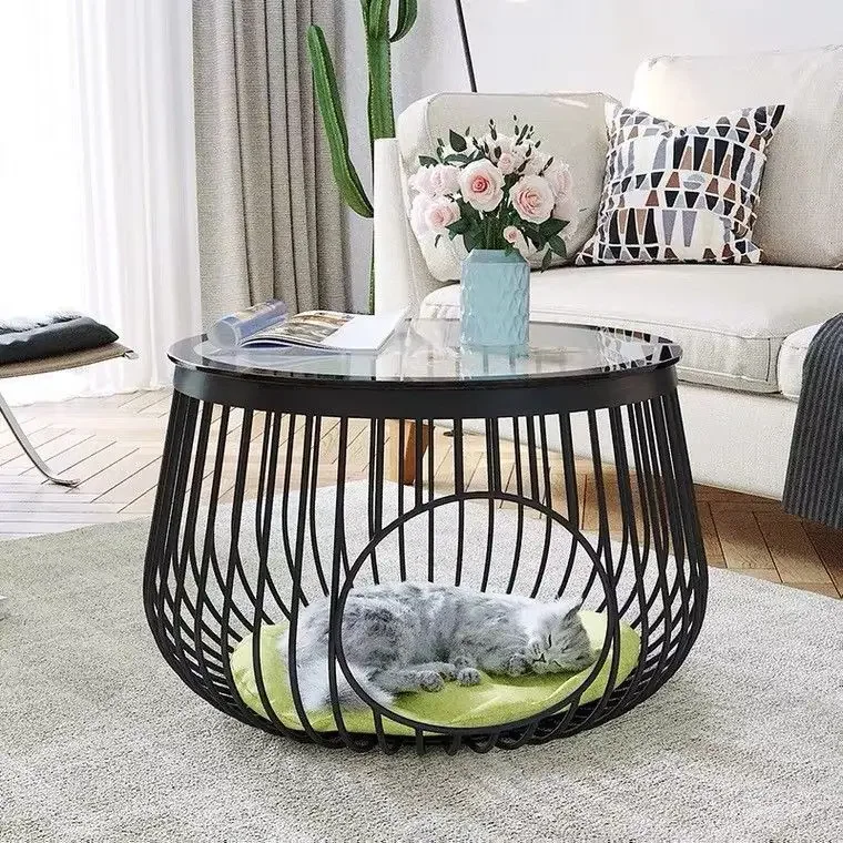 Nordic Wrought Iron Living Room Small Apartment Cats Sharing Tempered Glass Coffee Table  Stone Slab Mesas Pet Cat Nest Tables