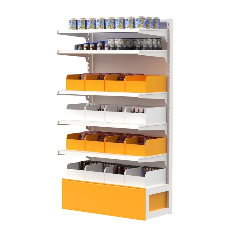 

Металлические стеллажи для снеков с одной стороной полкой, многоярусные металлические витрины для супермаркетов, настраиваемые полки для конфет с разделителями.