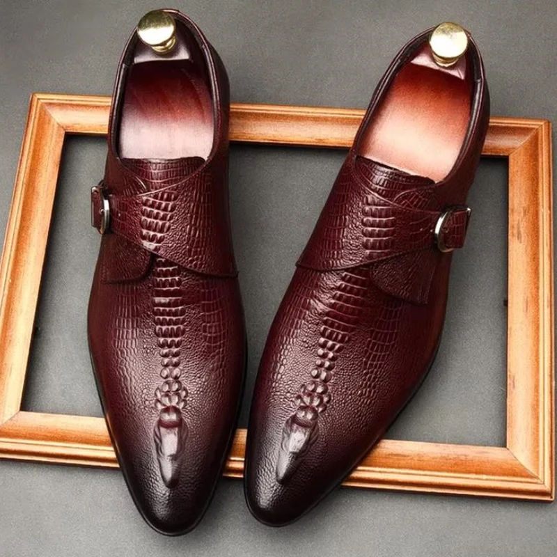 

Crocodile Pattern Business Formal Leather Shoes For Men British Style Pointed Toe Loafers Monk Strap Men Wedding Shoes