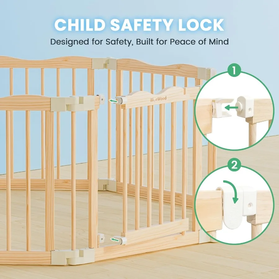 Składany drewniany kojec - Regulowany drewniany plac zabaw dla niemowląt z blokadą zabezpieczającą przed dziećmi, duży, bezpieczny płotek do użytku wewnątrz pomieszczeń dla niemowląt i małych dzieci.