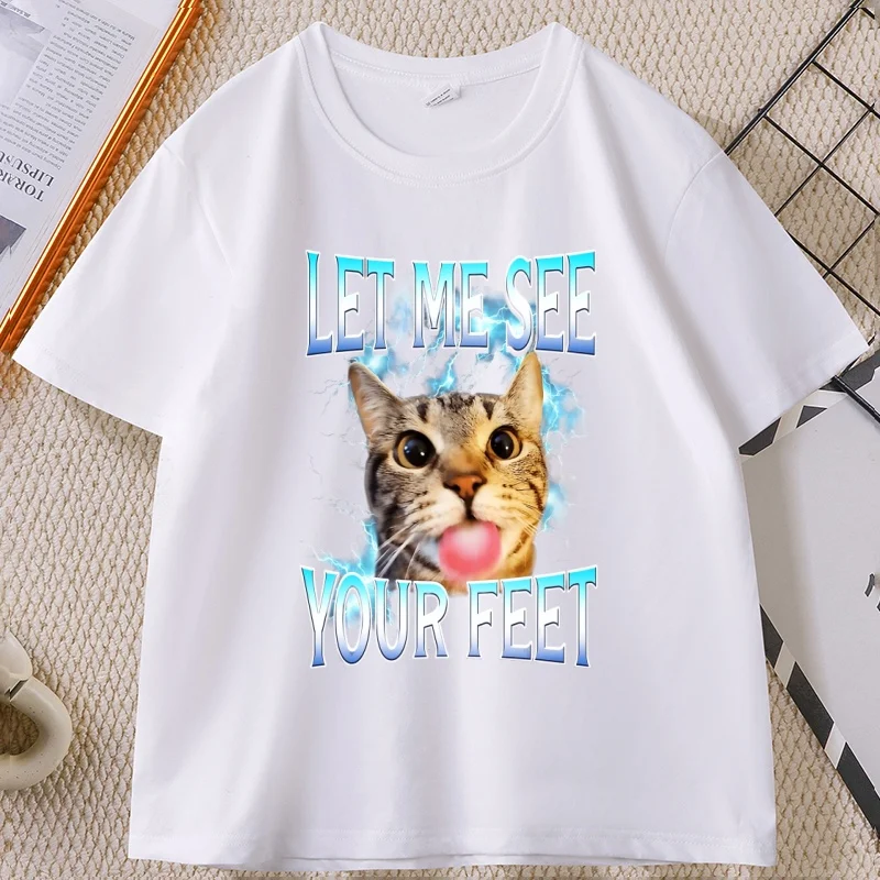 Let Me See Your Feet Funny Cat Meme Graphic T Shirts Loose Cotton Short Sleeve Round Neck Printed Tshirt Comfortable Tops