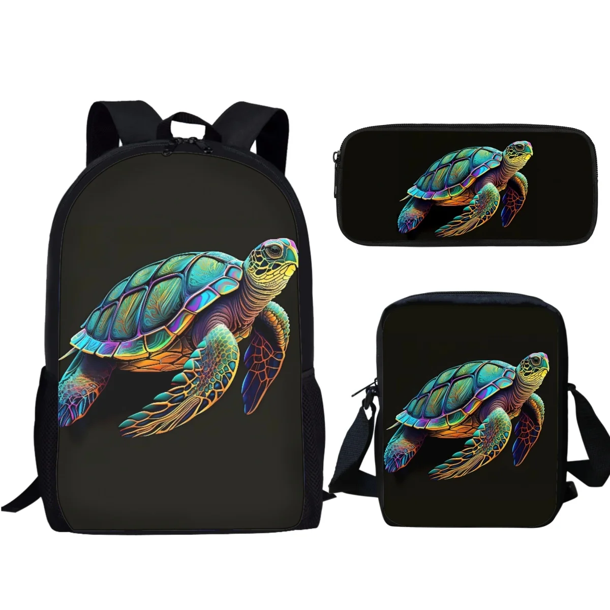 Bling Neon Sea Turtle Backpack Set Personalized Lunch Box Pencil Case for Boys Girls 3 Pieces Backpacks Teenagers School Bags