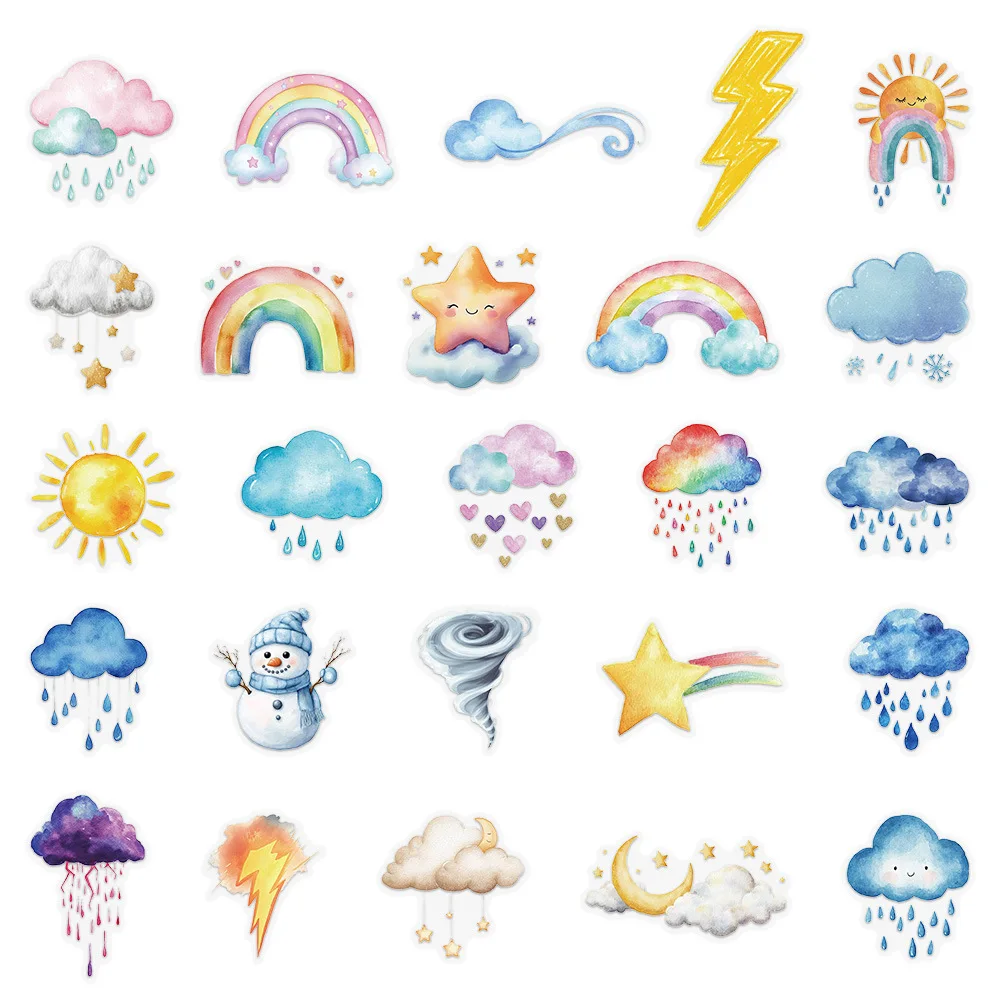 50 pezzi adesivi meteorologici sole luna nuvola colorato rosso PET decorativo custodia per telefono iPad tablet notebook adesivi impermeabili giocattolo per bambini