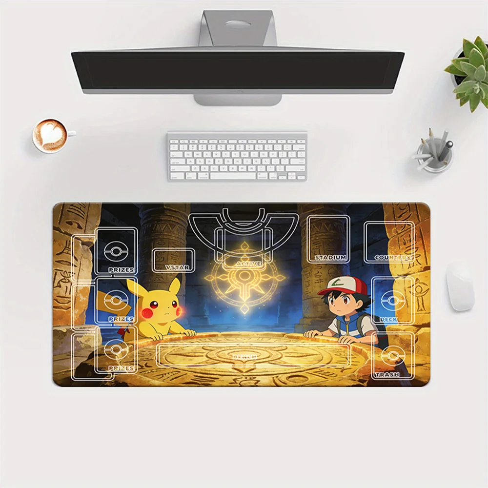 Tapete de Juego con Diseño de Templo Antiguo de Ash y Pikachu, Tapete para Juegos de Cartas, Alfombrilla para Ratón de Juego