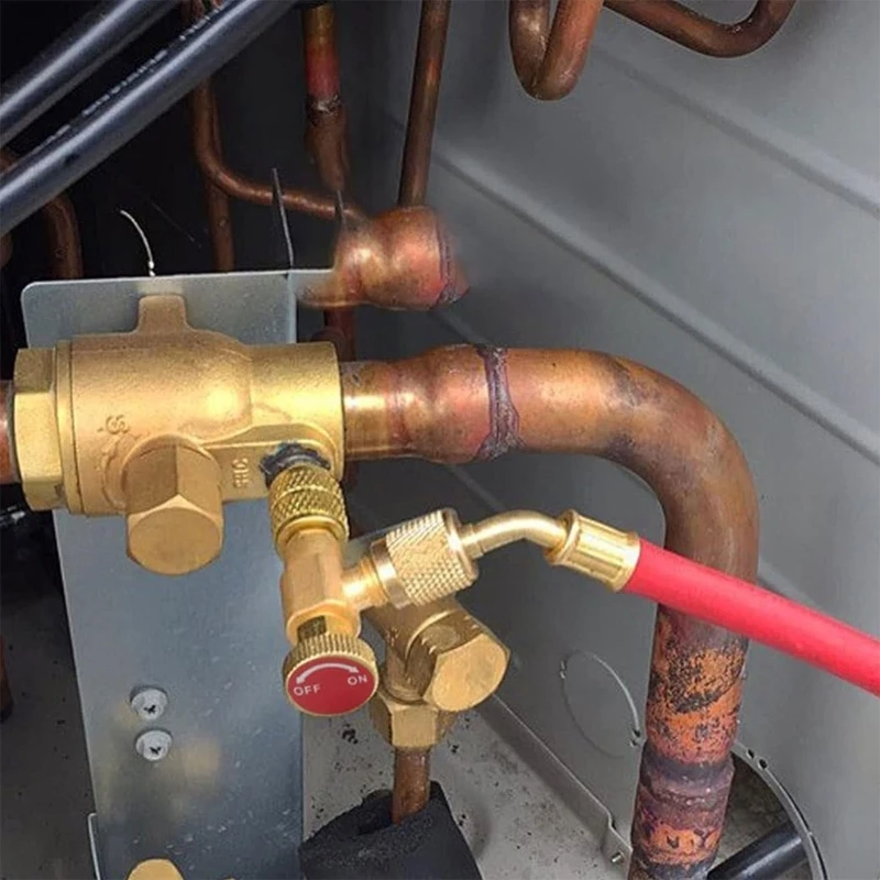 2 válvulas carregamento refrigerante R410, adaptador latão, válvulas controle fluxo segurança