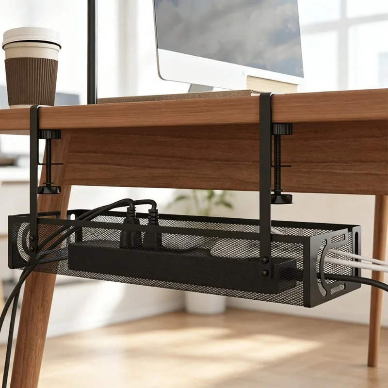 1PC Retractable Under Desk Hanging Storage Basket No Drill Cable Organizer Tray Socket Holder Desk Bottom Wire Management Rack