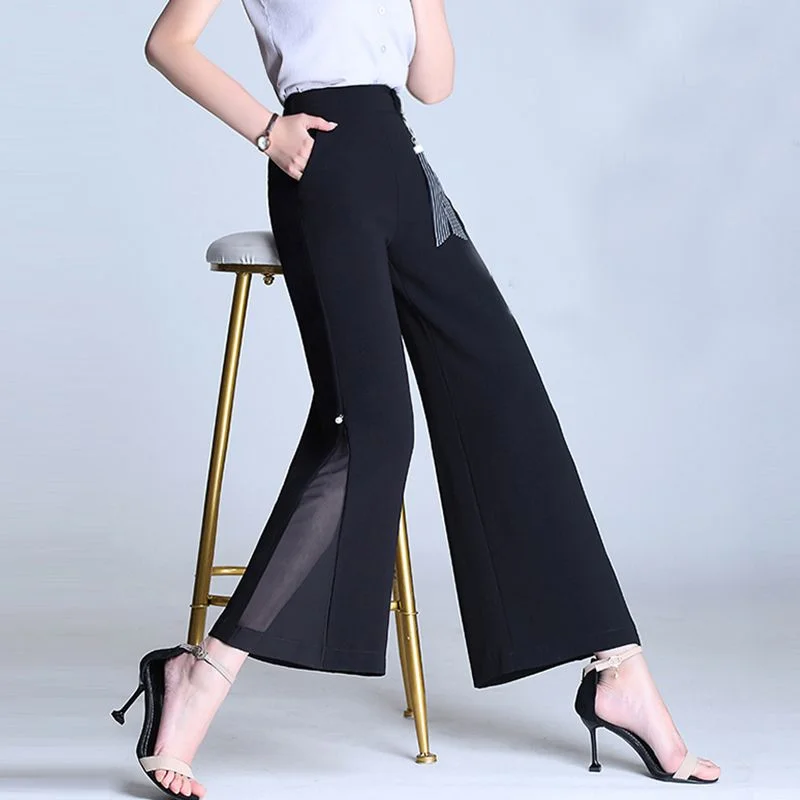 Women Summer New Chiffon High Waist Elastic Wide Leg Pants Fashion Split Crop Pants Casual Breathable Versatile Thin Suit Pants