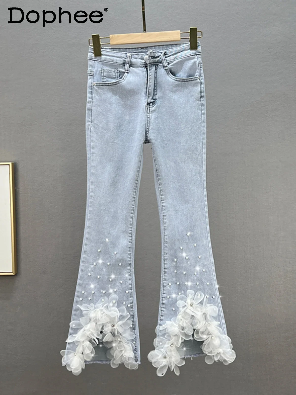 

European Goods Beaded Jeans Women Spring and Summer 2024 New High-waisted Slim-fitting Elastic Split-ended Flared Pants Female