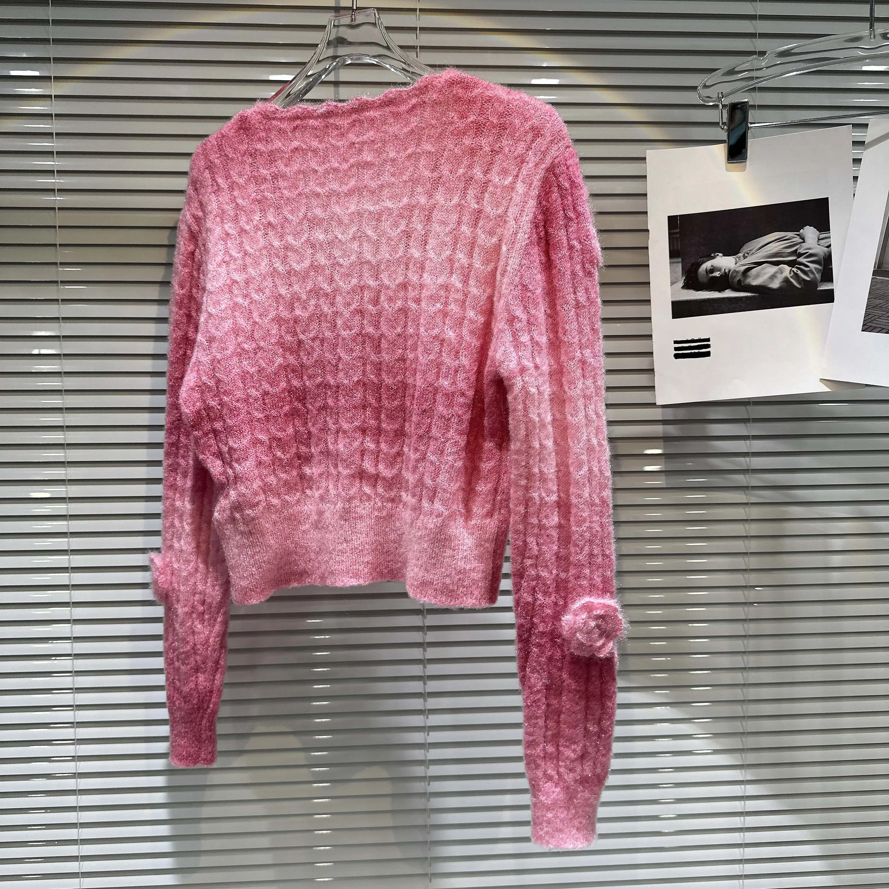 Musim semi musim gugur 3D bunga rajutan Cardigan rajutan berpengait bunga mantel Sweater Pink gradien rajut jumper atasan Crop Sueter