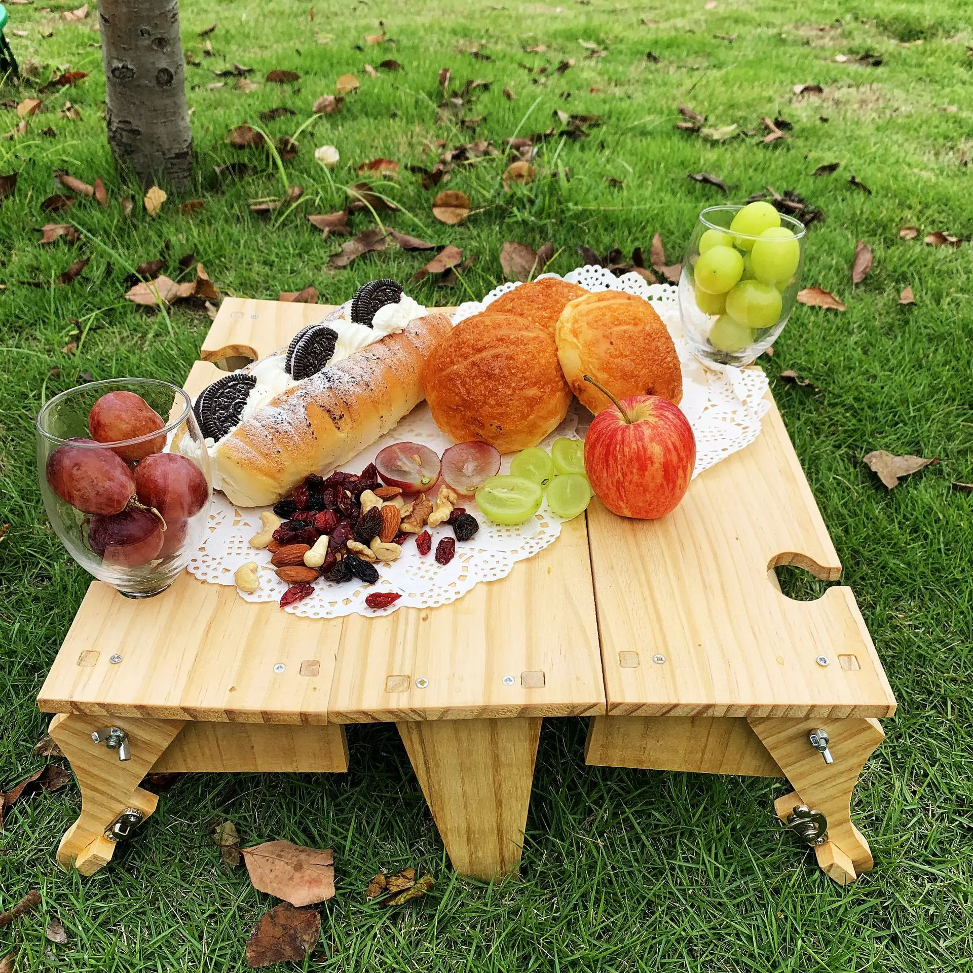 Outdoor Portable Wooden Table Wooden Folding Table Convertible Storage Wooden Basket Multifunction Outing Beach Accessories New