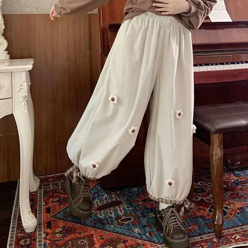 Corduroy Vintage Wide Leg Pants Sweet Flower Casual Loose Cute Trousers Solid Slim Kawaii Girls Adjustable Elastic Trousers