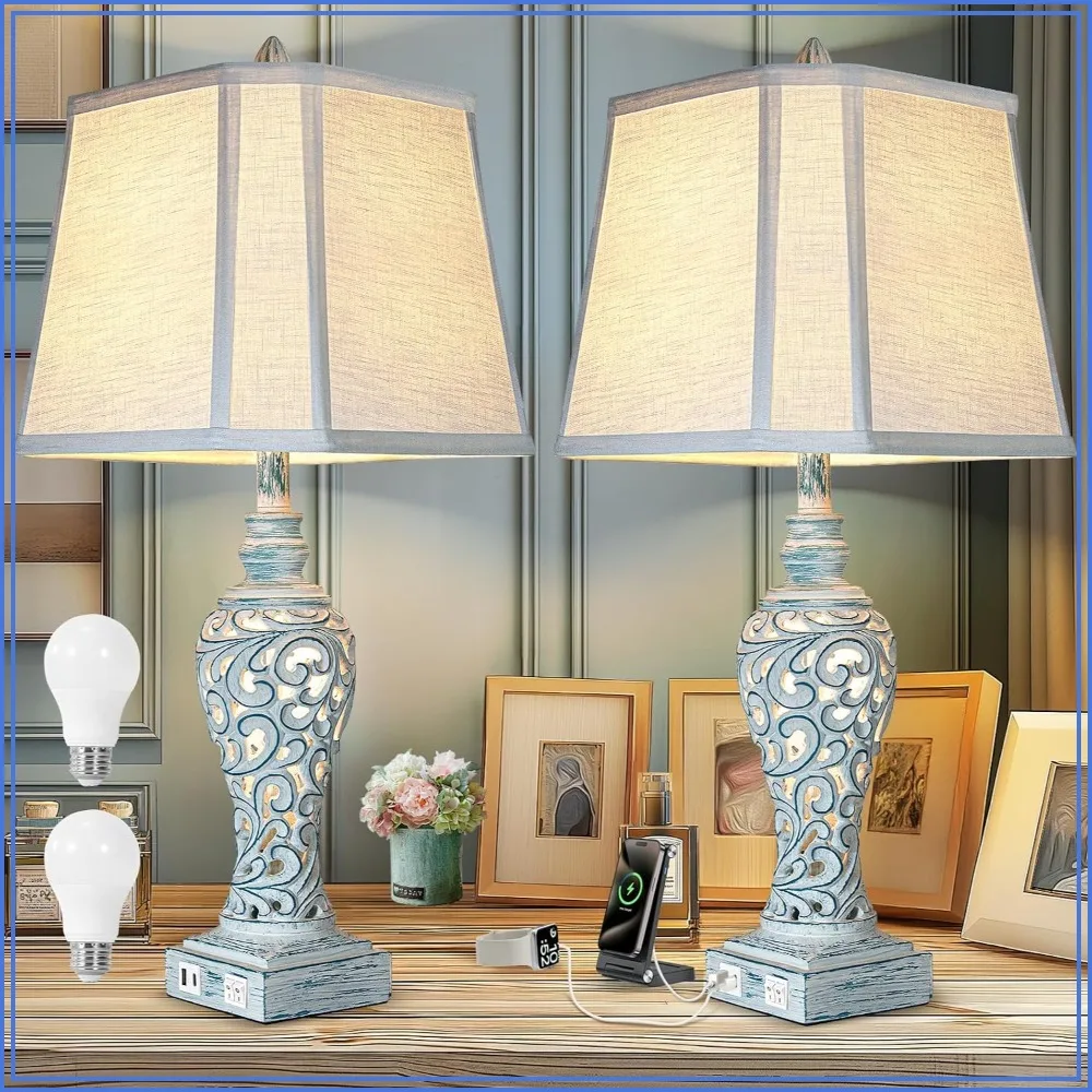 Vintage Farmhouse Bedside Table Lamps Set of 2 with USB Charging Ports, 28.5" Linen Shade Nightstand Lights for Bedroom Living Room, Bulb Included