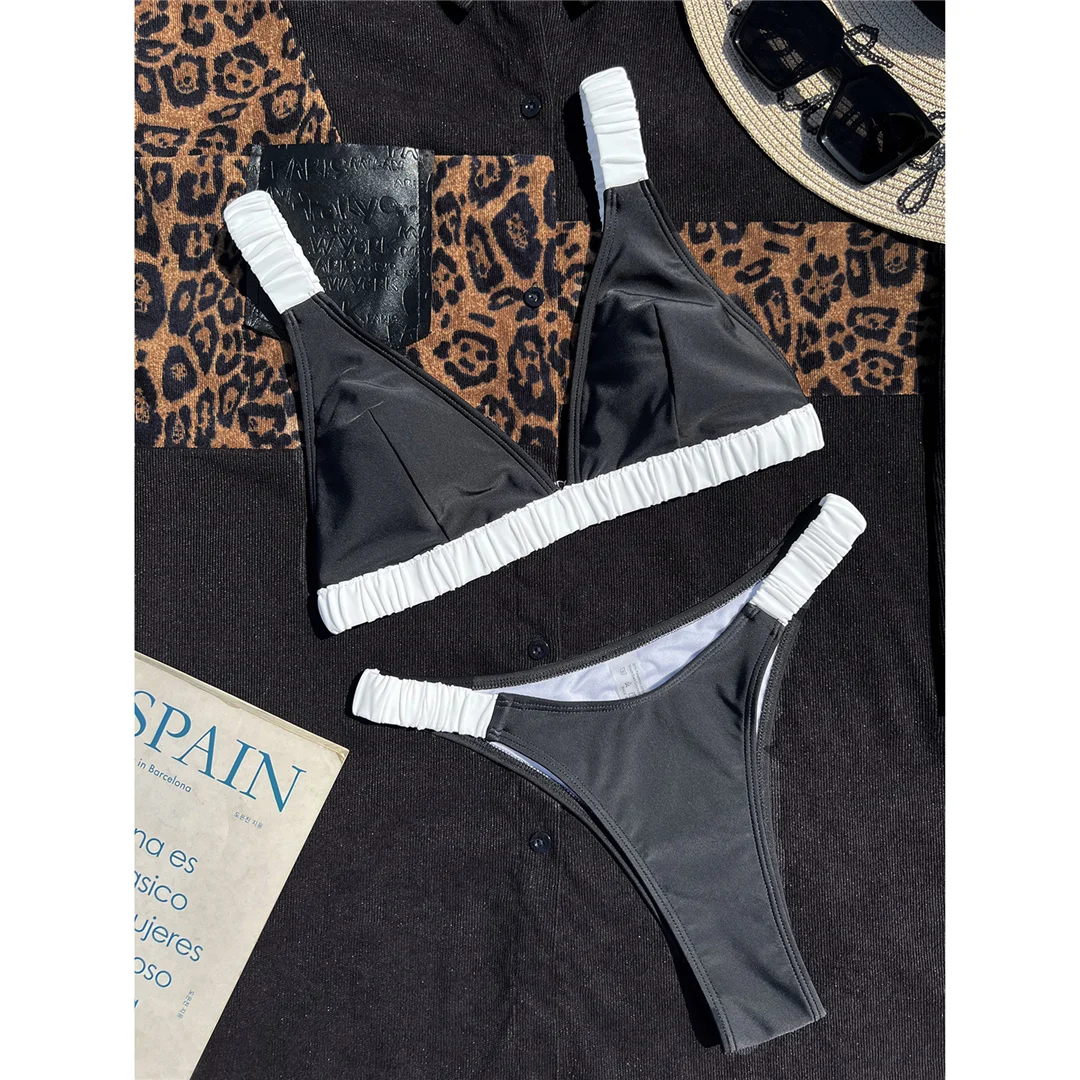 Splicing V-Ausschnitt, hoch geschnittene Bikini-Unterhose, Damen-Badeanzug, zweiteiliges Bikini-Set, gepolsterter Badeanzug, Badebekleidung, Schwimmbekleidung V6832 – Detail 5