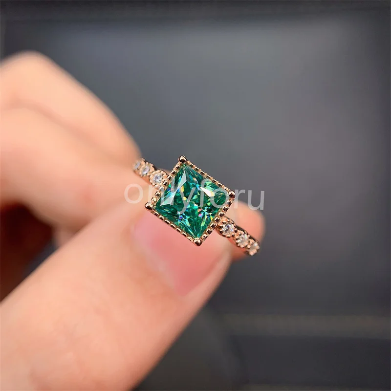 Dark Green Square Moissanite Diamond Ring 1CT  VVS as Engagement with Real 925 Sterling Silver