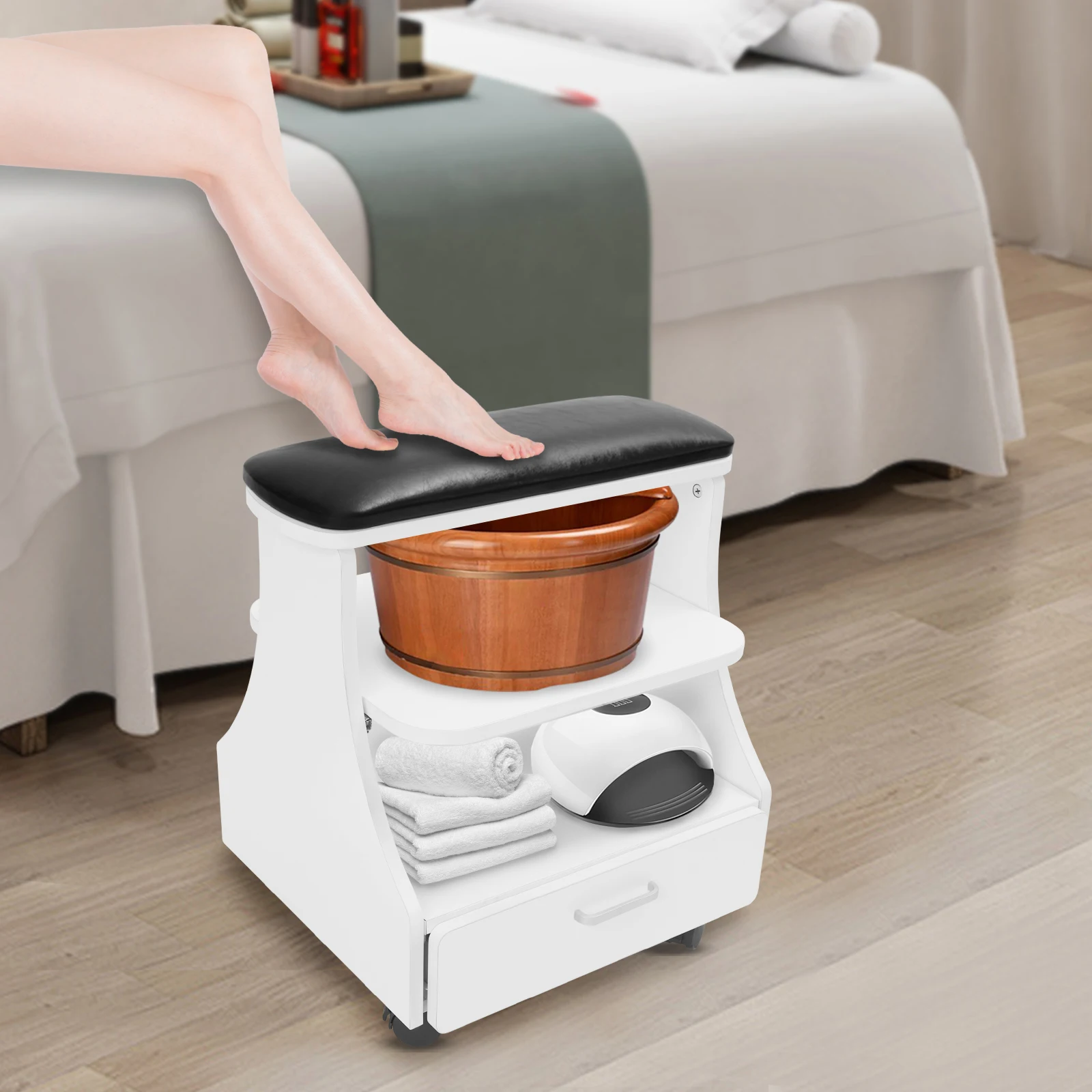 عربة التجميل المحمولة ثلاث طبقات تصميم عربة القدم مانيكير باديكير عربة لصالون التجميل مسمار ، حمام القدم سبا