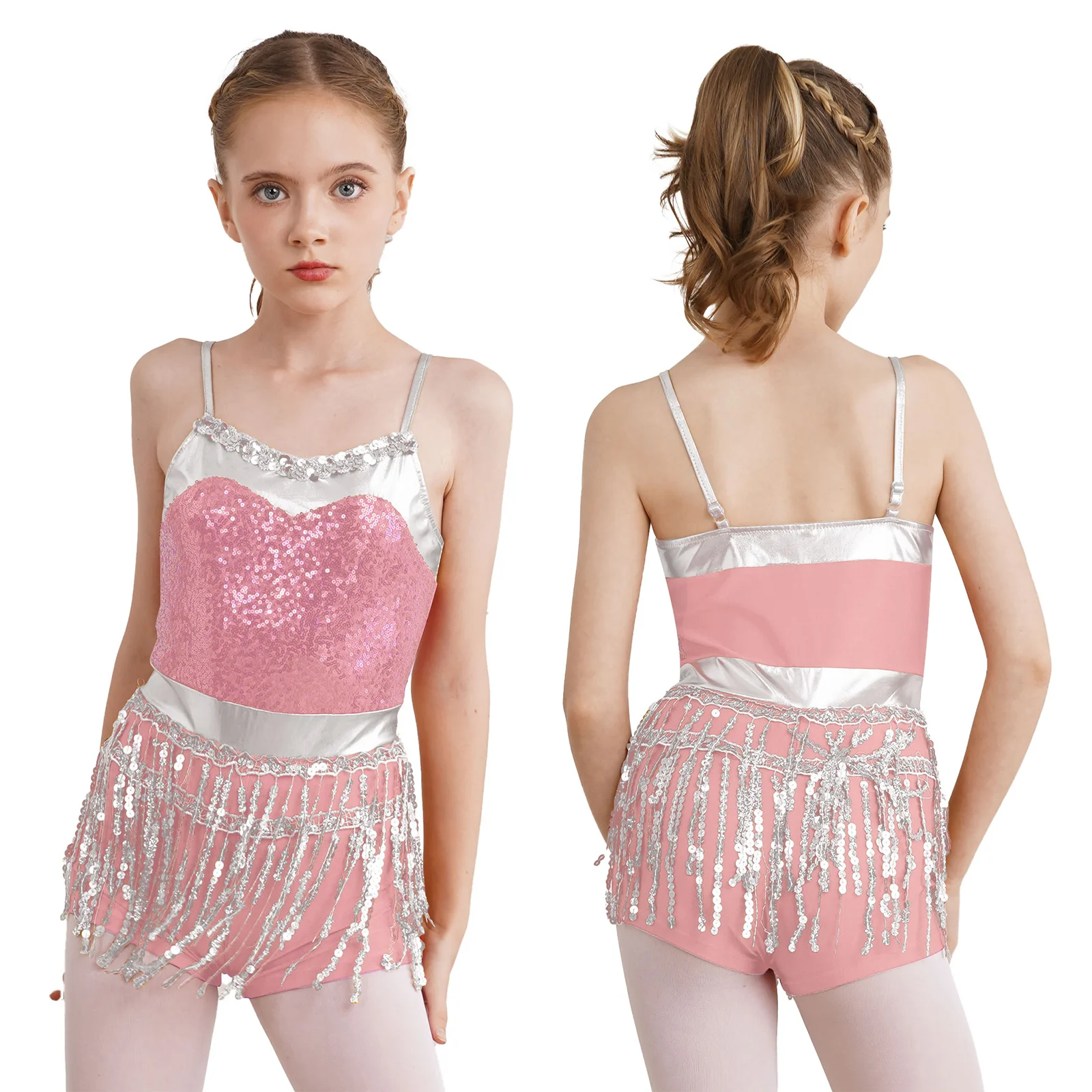 4-14Y Girls Latin Dance Costume Jazz Dancing Samba Cha-cha Figure Skating Performance Bodysuit Shiny Sequin Tassel Leotard Dress