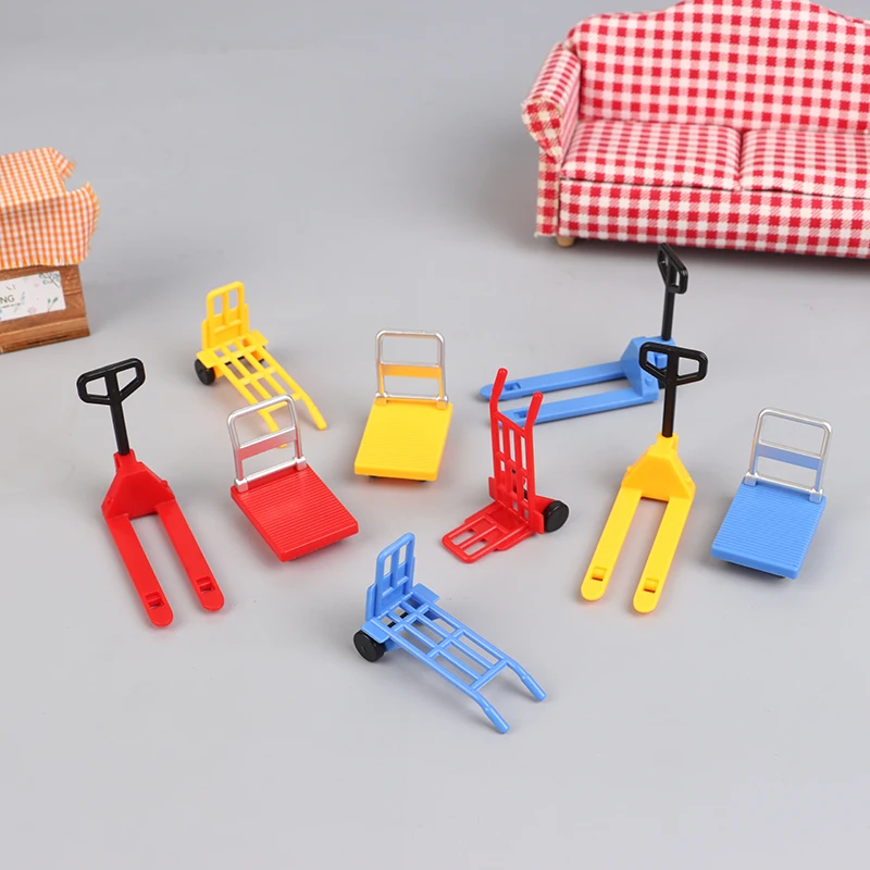 3 Stuks 1:12 Poppenhuis Miniatuur Kar Trolley Trapklimmachine Mini Buitenkar Vorkheftruck Bewegend Gereedschap Model Home Decor Speelgoed