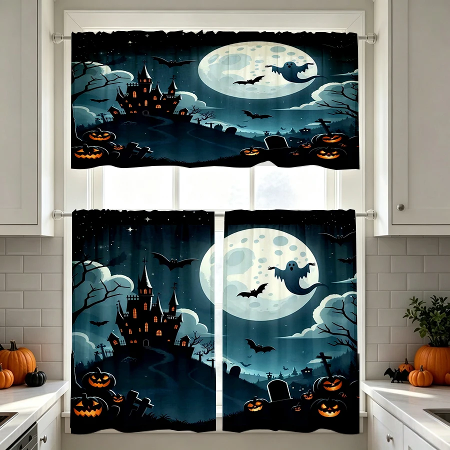 Halloween Fall Kitchen Curtains, Haunted Castle Moon Ghost, Digital Print, Kitchen Dining Room, Rod Pocket Polyester, Home Decor