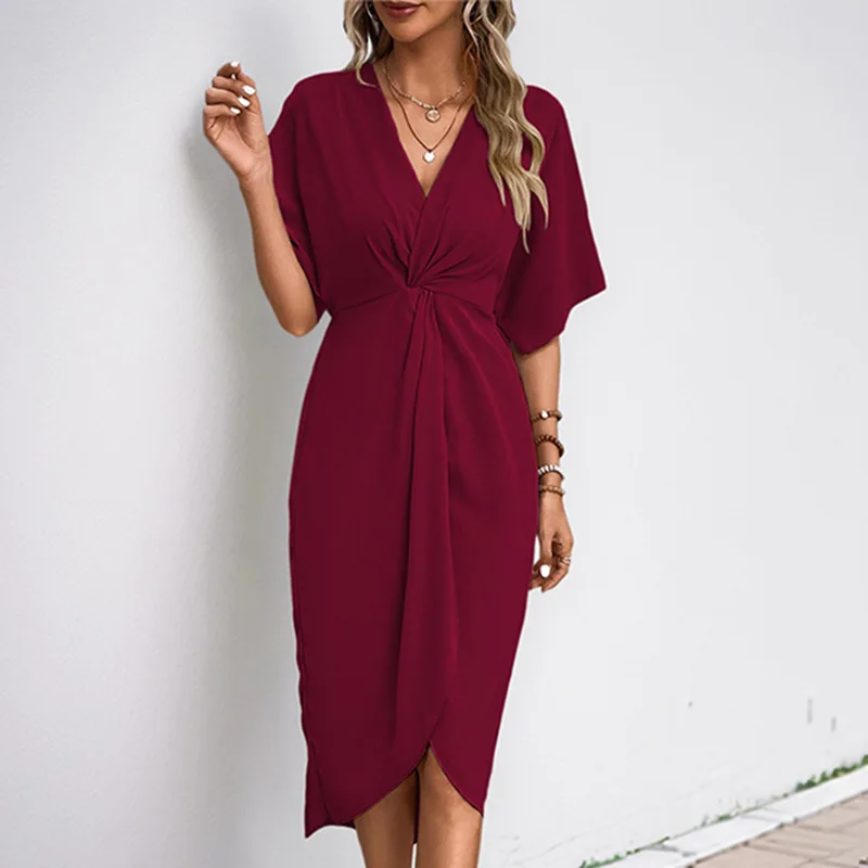 

Summer Women's V-neck Pleated Irregular Dress Elegant High Waist Slim Simple Loose Sleeve Midi Skirt for Female