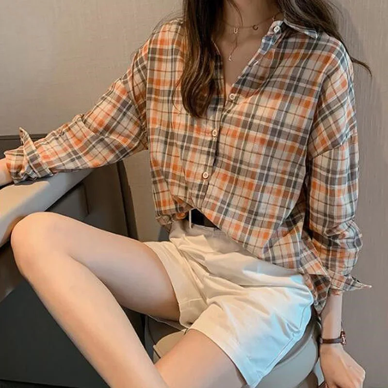 Women\'s New Casual Vintage Plaid Shirt Fashion Korean Long Sleeve Button Cardigan Turn-down Collar Thin Blouse Female Clothing