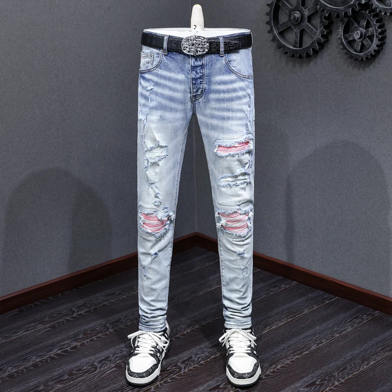 High Street Fashion Men Jeans Retro Light Blue Stretch Skinny Fit Pink Patched Ripped Jeans Men Brand Designer Hip Hop Pants