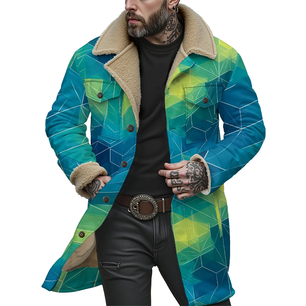 Colorful Trendy Geometric Print Reversible Jacket with Plush Collar Stylish and Warm Coats Outerwear for Men and Women Fashion