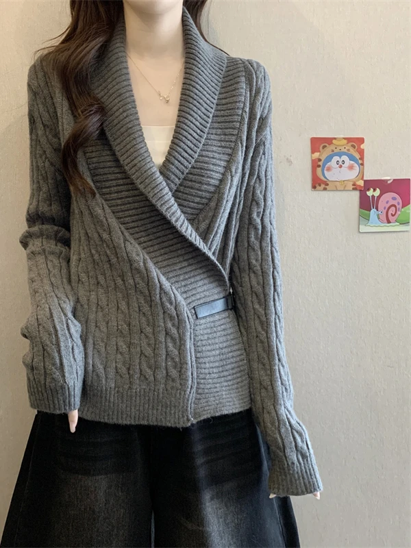 

plus Size Thiened V-Ne Knitted Sweater Women's Belted Waist Concealing Belly Open Cardigan Top French Sle High Waist Be...