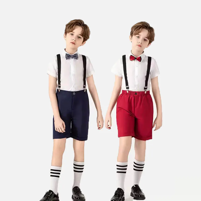 

Children Blue Red 4Pieces/Set Shirt Shorts Suspenders Bowtie Photograph Suit Boys Fistival Birthday Dress School Kids Costume