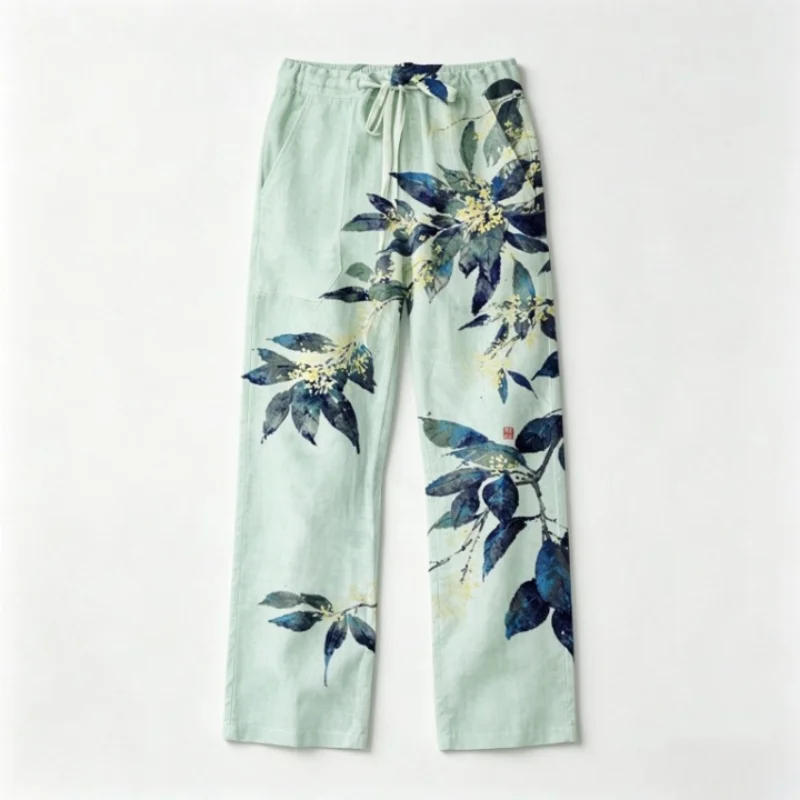 Men Drawstring Elastic Waist Straight Pants Oriental Plum Blossom Floral Print Chinese Style Casual Trousers Holiday Bottoms