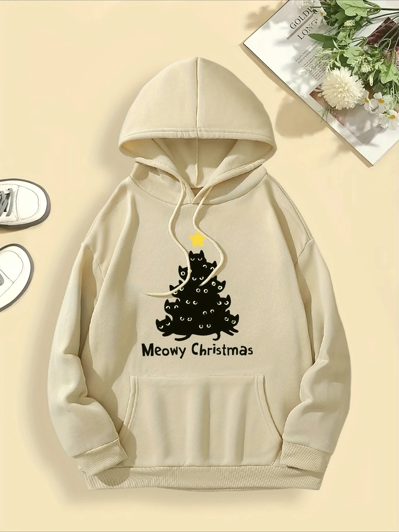 Świąteczna bluza damska z kapturem na jesień i zimę z nadrukiem kota i choinki, bluza Y2k, bluza z długim rękawem, odzież codzienna damska