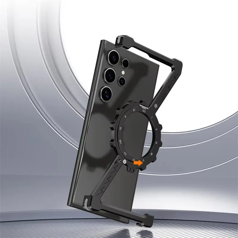 Night Light Z Shape Metal Case for Samsung Galaxy S25 S24 S23 S22 Ultra Protective Cover Shockproof Bumper 360°Rotation Holder
