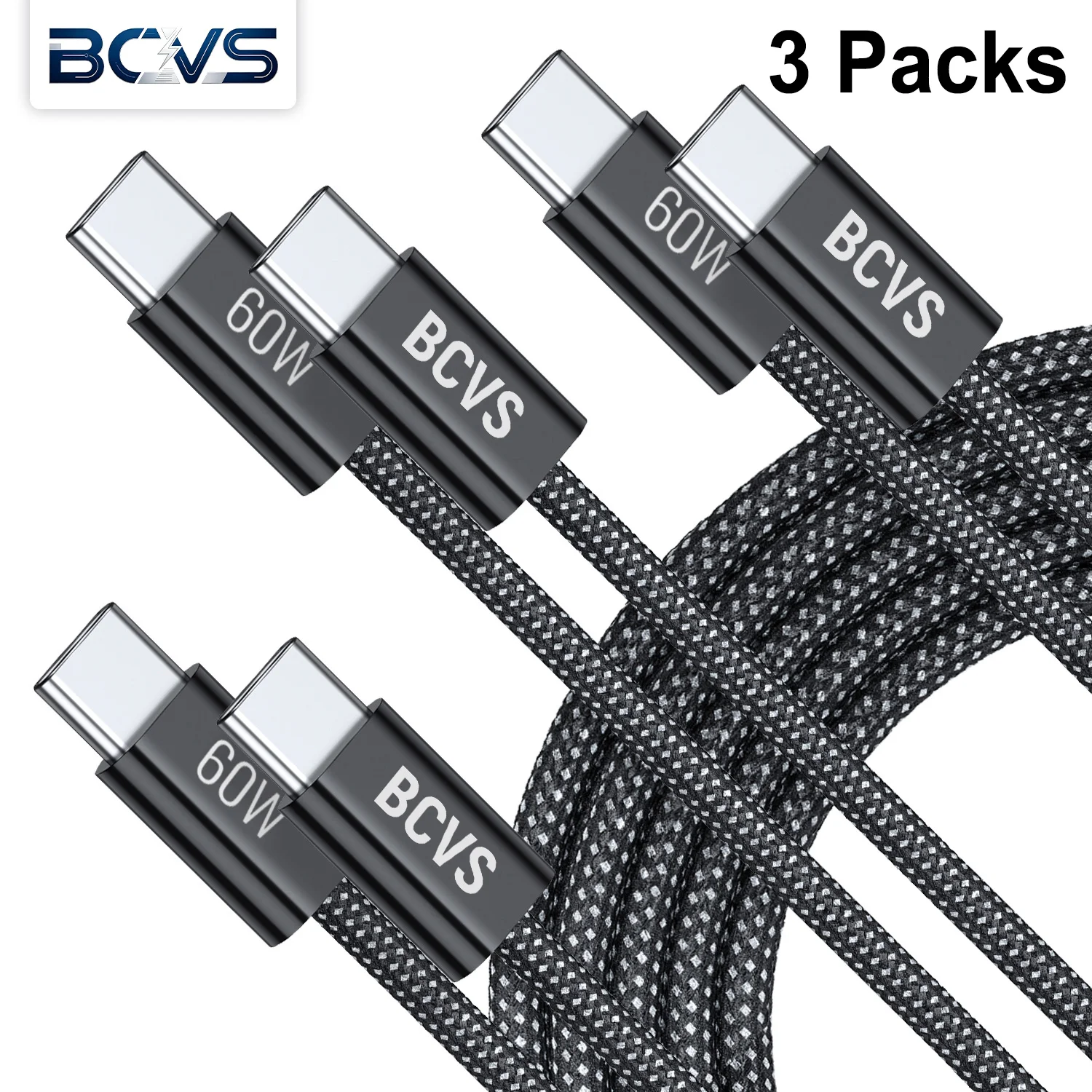 BCVS 3Pack Type‑C to Type‑C Cable 60W PD Fast Charging USB C Cable For Xiaomi POCO F3 Realme Macbook iPad