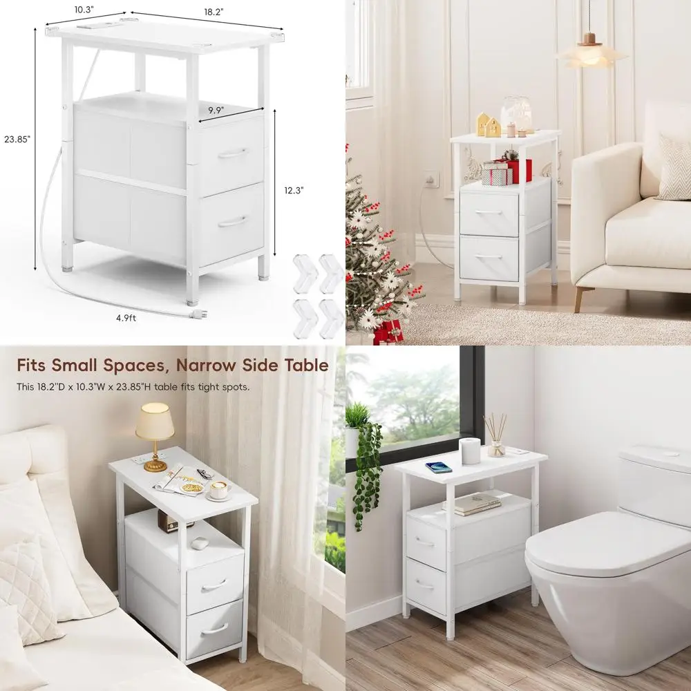 

Белая прикроватная тумбочка с зарядной станцией, узкий приставной столик для небольших помещений, тканевые ящики, решение для хранения вещей в спальне