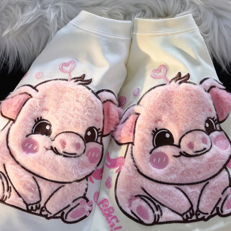 Adorable Pink Pig Plush Embroidery Short Sleeve Women\'s T-Shirt Teen Girls Cute Plush Flocking Kawaii Tee Shirt Preppy Clothes