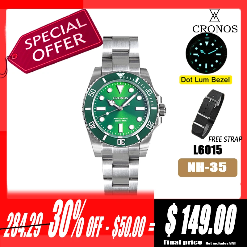 Cronos Sub Diver Men's Watches No Date NH35 Sapphire Cyclops Ceramic Bezel 20 ATM Glideclasp Latest Version L6015M