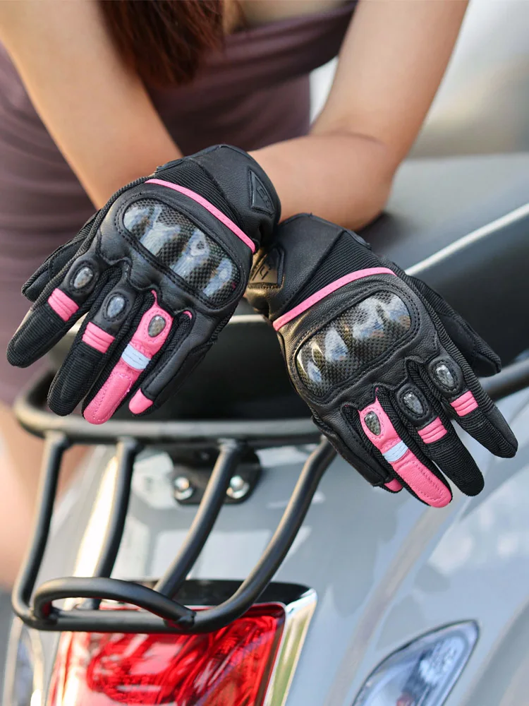 Womens 4 Season Driving Supertech Black/Pink Motorcycle Leather Gloves Touch Screen Racing Glove Motorbike Sheepskin Bike Knight